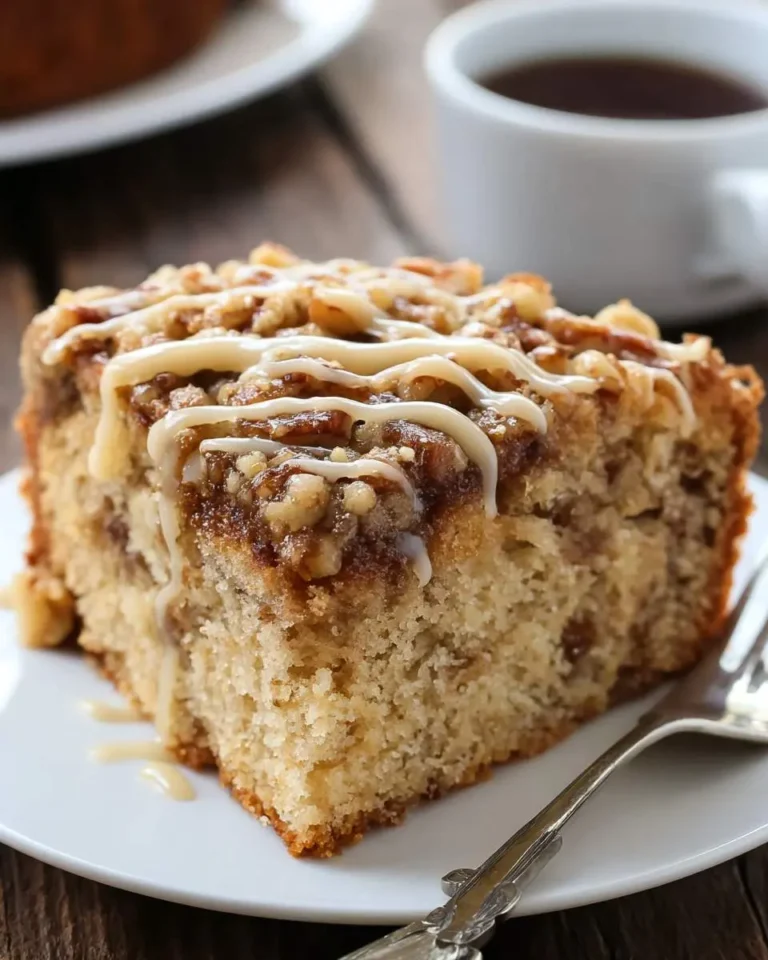 A slice of Maple Walnut Coffee Cake with crumb topping and glaze drizzle sits on a white plate with a fork.