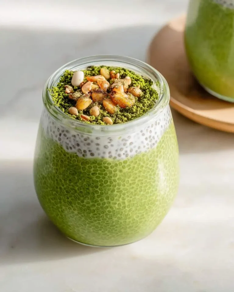Matcha Chia Pudding layered in a glass jar with coconut cream and topped with crushed nuts and matcha powder.