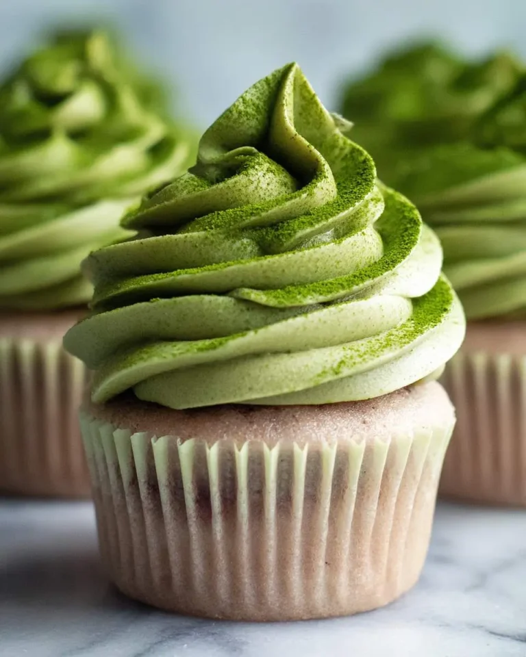 Three matcha green tea cupcakes with swirled green frosting and matcha powder dusted on top.