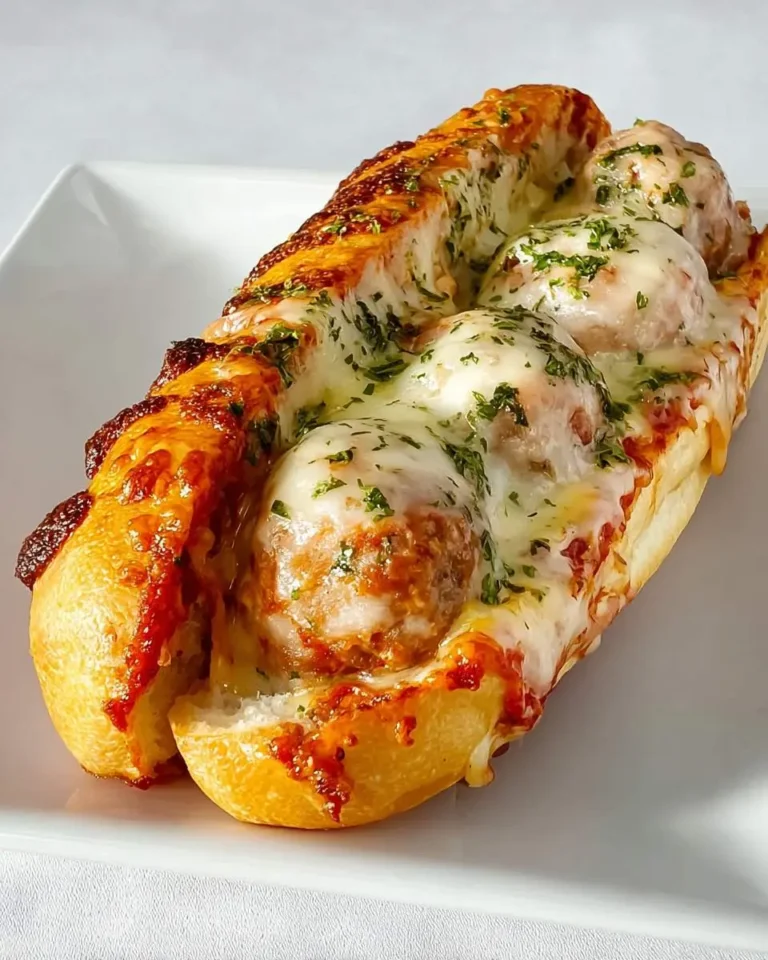 A toasted Meatball Parmesan Sandwich with melted cheese, marinara sauce, and fresh herbs on a white plate.