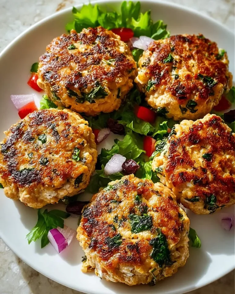 Five golden-brown Mediterranean chicken patties served on a white plate with fresh lettuce, tomatoes, and red onion.