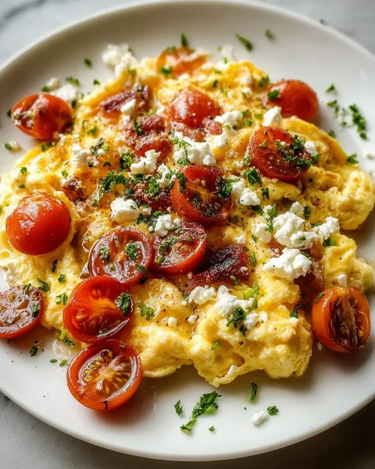 Mediterranean scrambled eggs topped with roasted cherry tomatoes, crumbled feta cheese, and fresh herbs on a white plate.