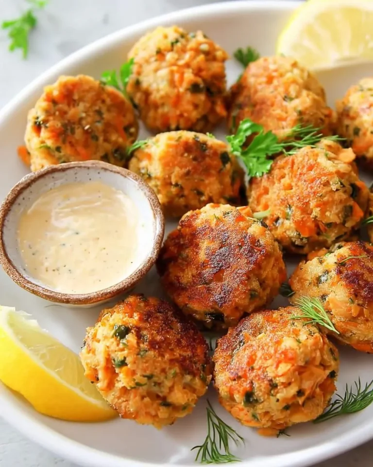 Golden brown Mini Salmon Cakes with Sriracha Lemon Aioli Recipe served on a white platter with dipping sauce and lemon wedges.