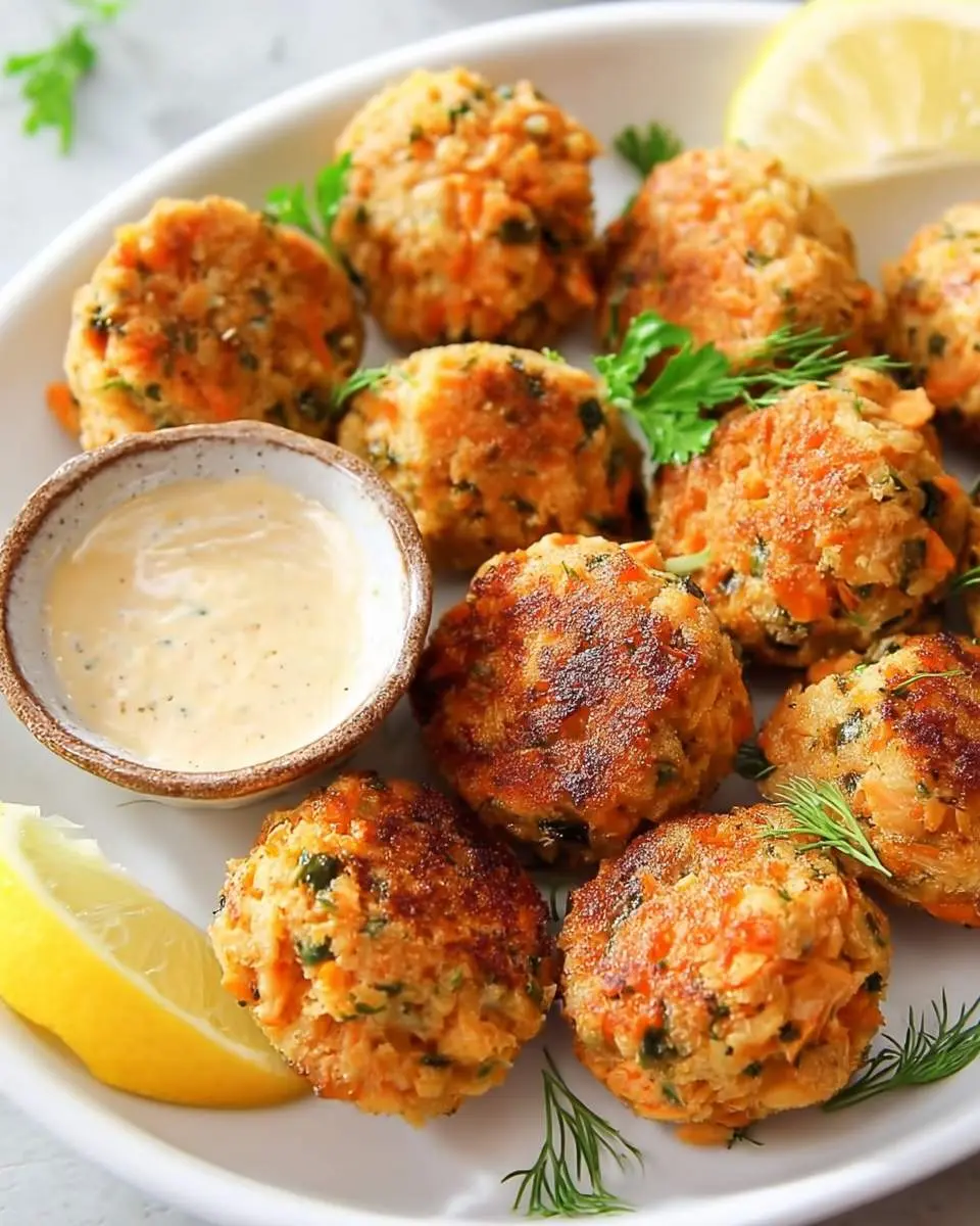 Golden brown Mini Salmon Cakes with Sriracha Lemon Aioli Recipe served on a white platter with dipping sauce and lemon wedges.