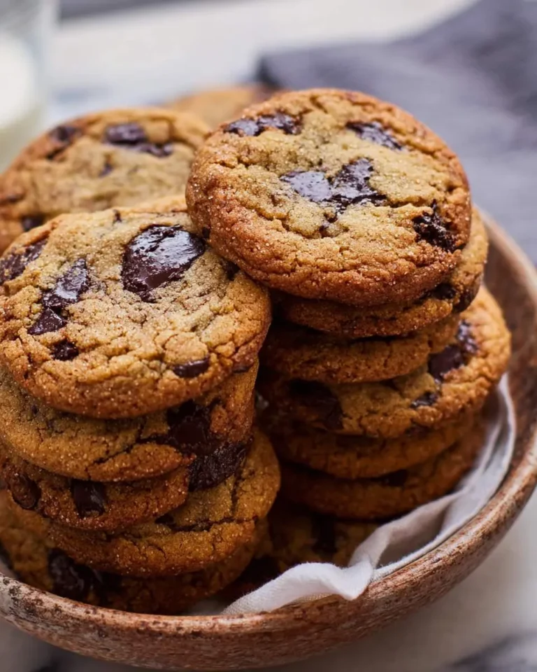 A rustic bowl filled with stacks of golden brown miso chocolate chip cookies featuring melted dark chocolate chunks.