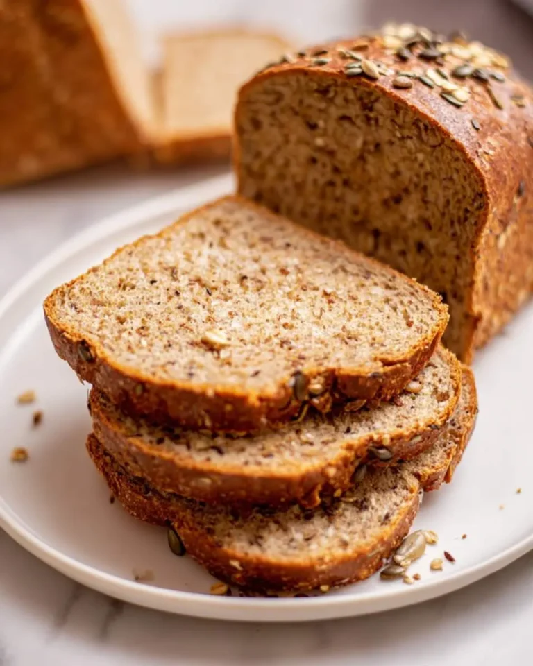 Sliced multiseed sandwich bread stacked on a white plate with seeds visible in the crust and crumb.