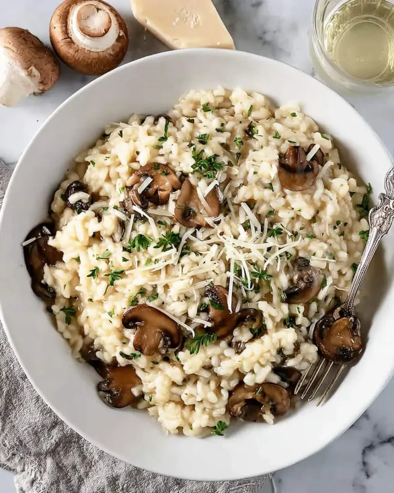 A bowl of creamy mushroom risotto topped with parmesan cheese, fresh herbs, and sautéed mushrooms.