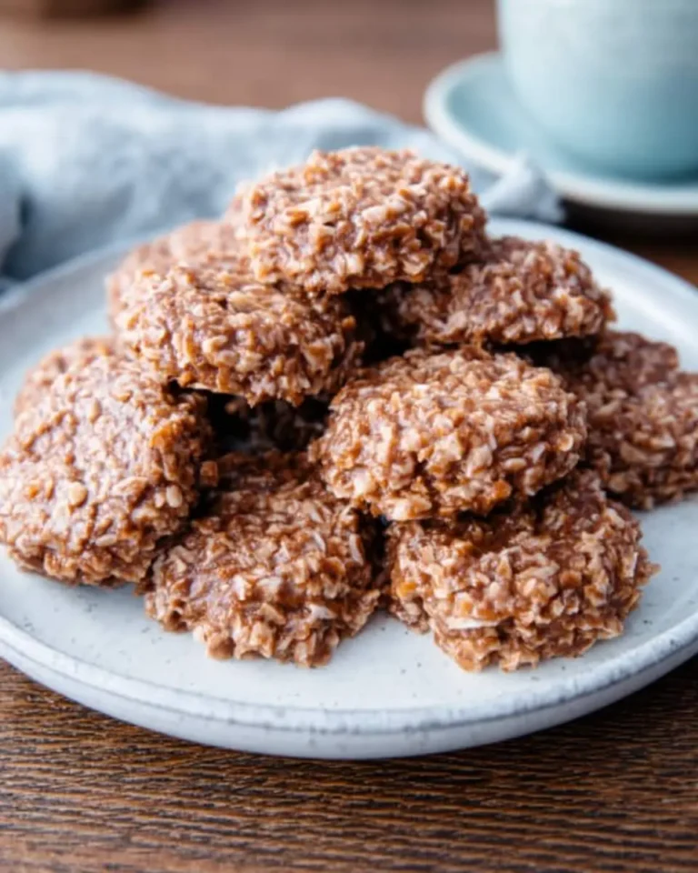 Stack of chocolate no-bake coconut cookies on a white plate with a blue napkin and mug in the background.