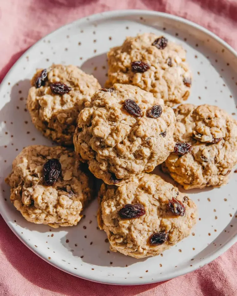 A plate of homemade oatmeal raisin cookies stacked on a white speckled dish with a pink background.
