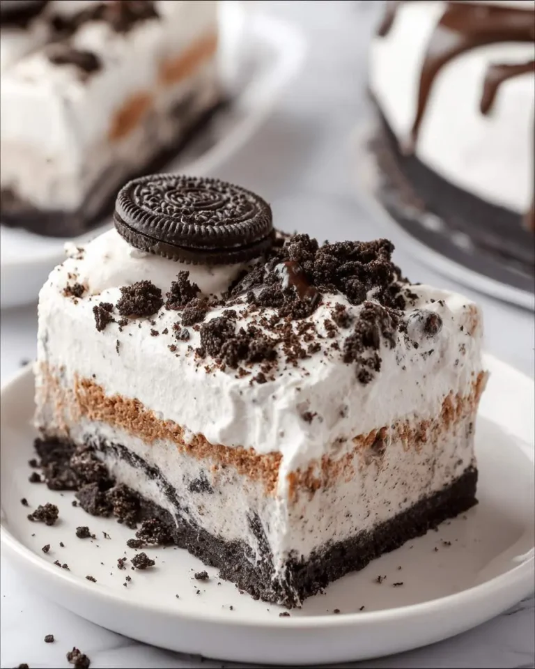 A slice of layered Oreo Ice Cream Cake topped with whipped cream, cookie crumbs, and a whole Oreo cookie.