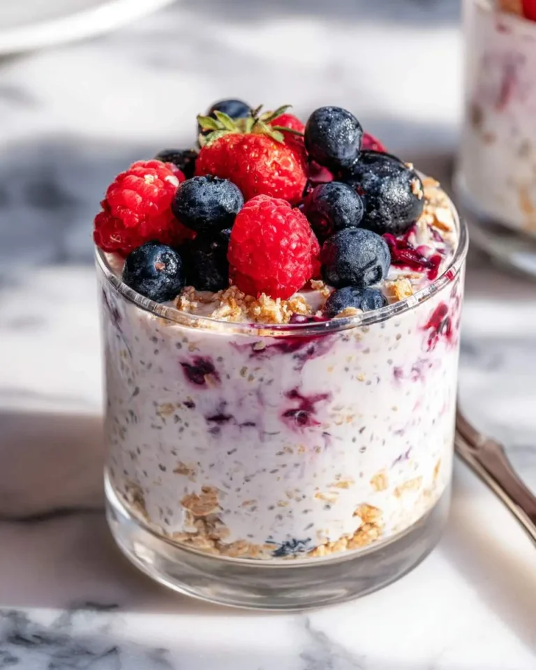 A glass jar filled with overnight oats with mixed berries, topped with fresh raspberries, blueberries, and crunchy granola on a marble surface.