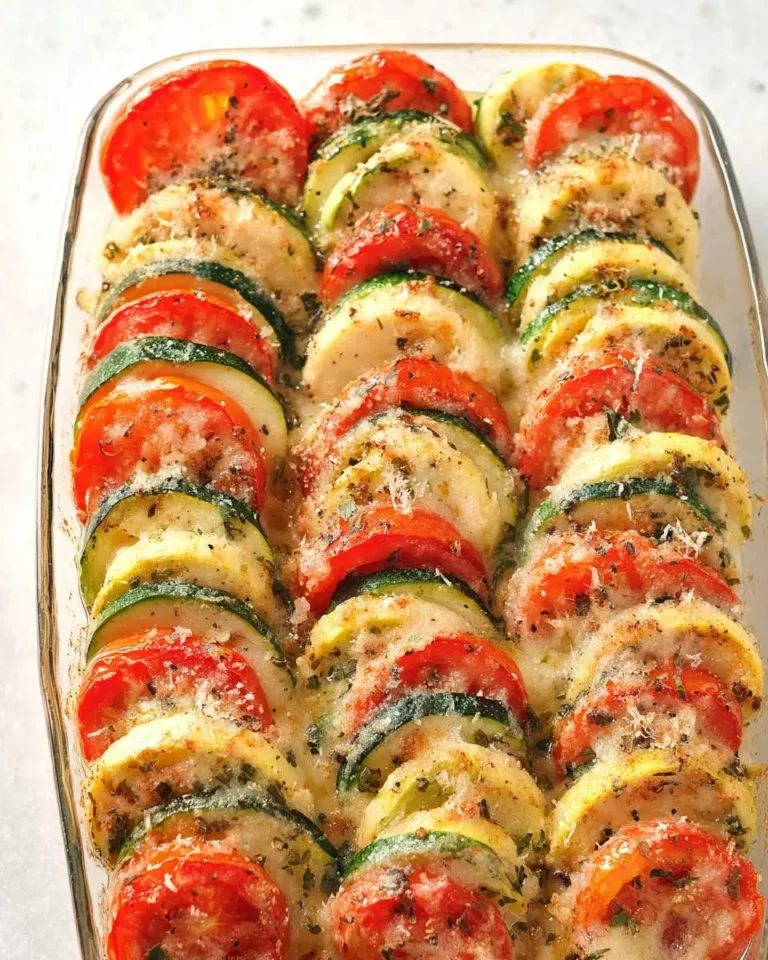 Parmesan Tomato Zucchini Bake with layered vegetables in a glass baking dish topped with melted cheese and herbs.