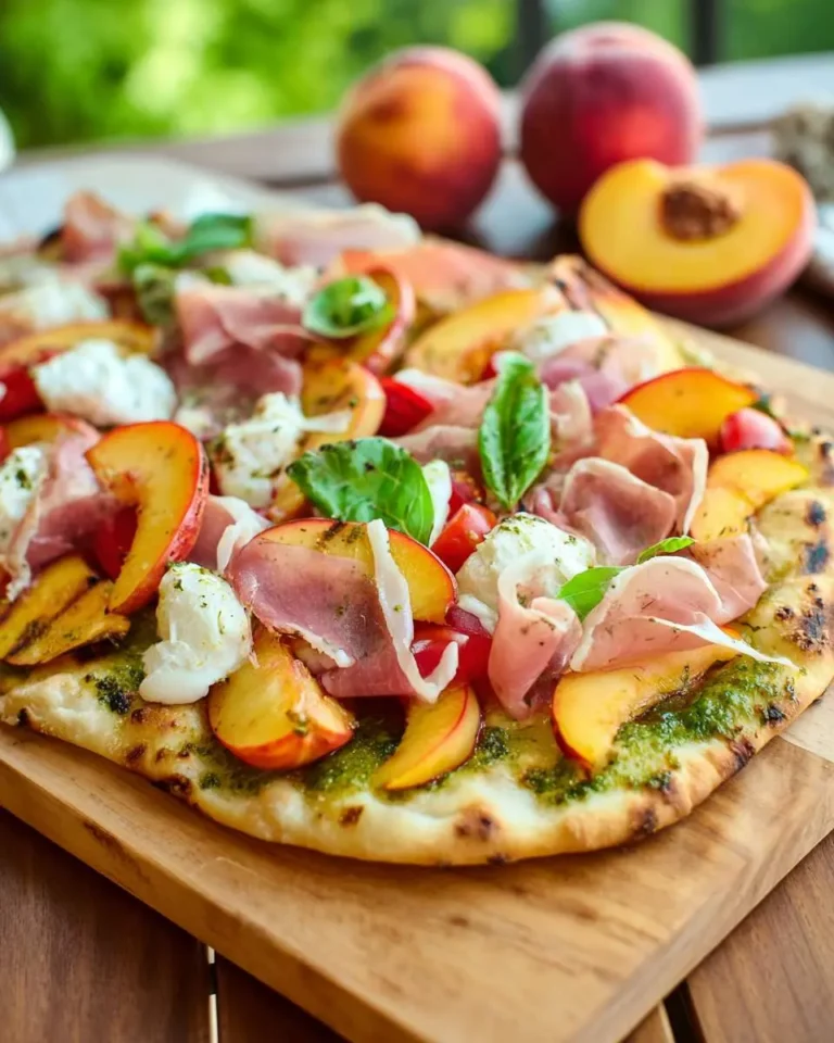 Grilled Peach and Prosciutto Flatbread topped with fresh mozzarella, basil, and pesto on a wooden board with peaches in background.