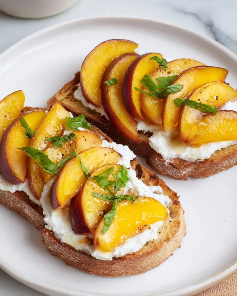 Two slices of toasted bread topped with whipped ricotta, fresh peach slices, and basil leaves on a white plate.