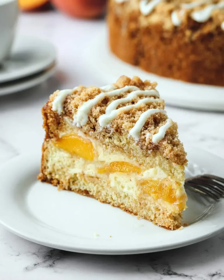 A slice of Peach Coffee Cake with crumb topping, cream cheese filling, and white icing drizzle on a white plate.