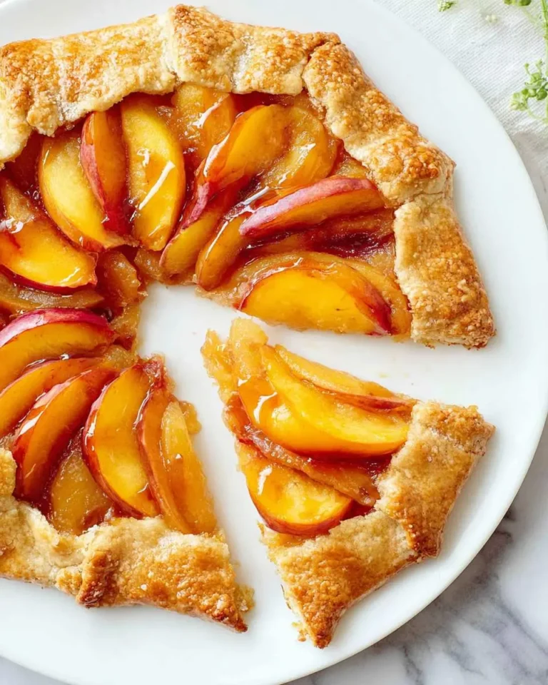 A rustic peach galette with a golden, flaky crust and caramelized peach slices, with one slice pulled away on a white plate.