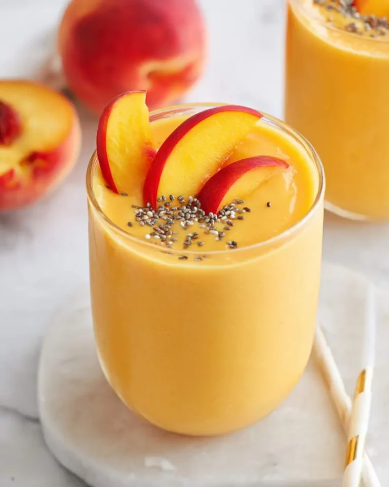 A glass of creamy peach mango smoothie topped with fresh peach slices and chia seeds on a marble surface.
