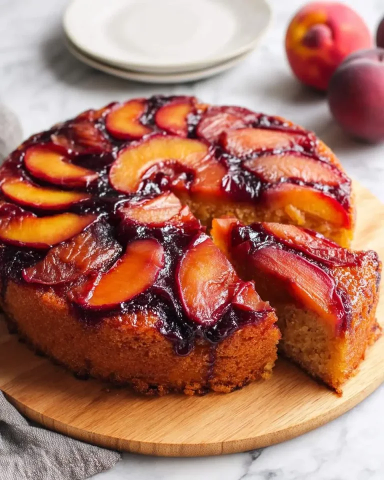 A sliced Peach-Plum Upside-Down Cake with caramelized fruit topping on a wooden board.