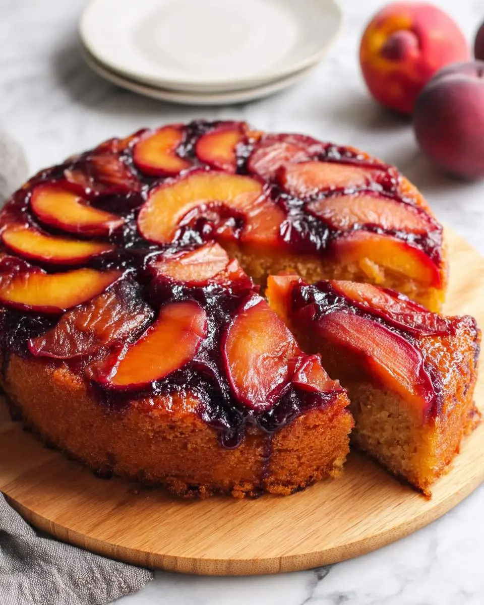 A sliced Peach-Plum Upside-Down Cake with caramelized fruit topping on a wooden board.