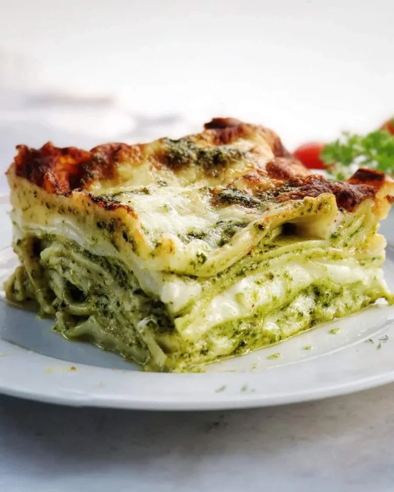 A slice of layered pesto lasagna with melted cheese and golden brown edges on a white plate.
