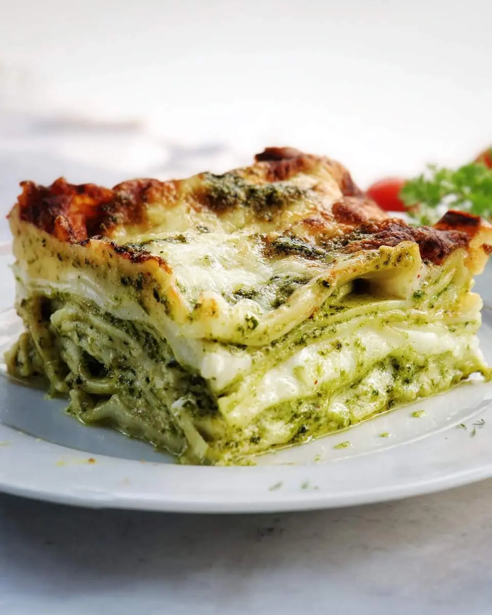 A slice of layered pesto lasagna with melted cheese and golden brown edges on a white plate.