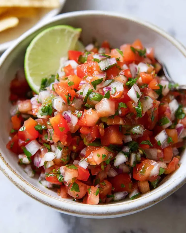 Fresh Pico de Gallo salsa with diced tomatoes, onions, and cilantro served in a white bowl with a lime wedge.