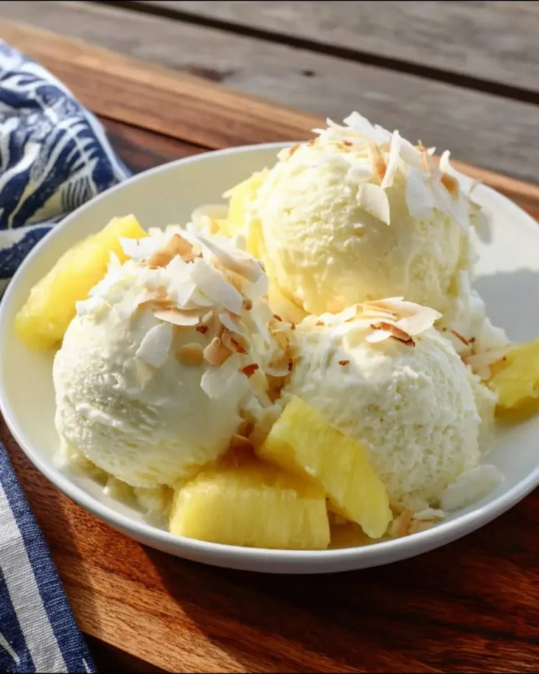 Three scoops of creamy Pina Colada Ice Cream topped with toasted coconut flakes and fresh pineapple chunks in a white bowl.