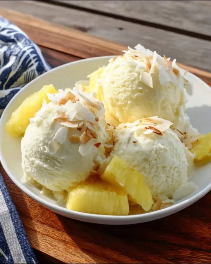 Three scoops of creamy Pina Colada Ice Cream topped with toasted coconut flakes and fresh pineapple chunks in a white bowl.