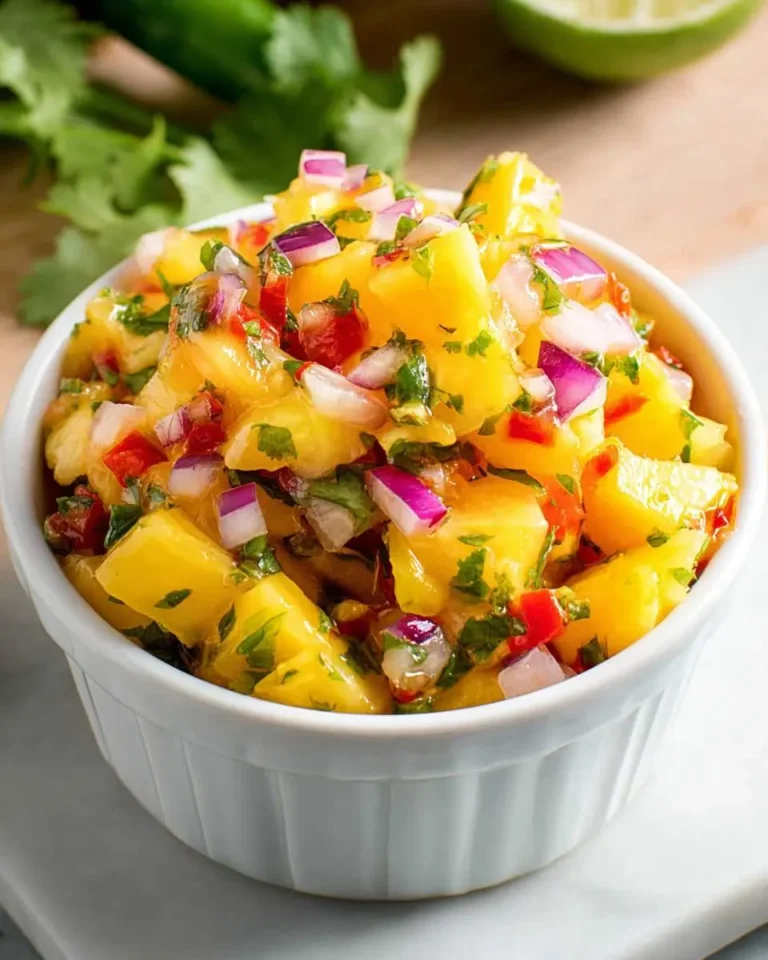 Fresh pineapple mango salsa with red onion, cilantro, and peppers served in a white ramekin.