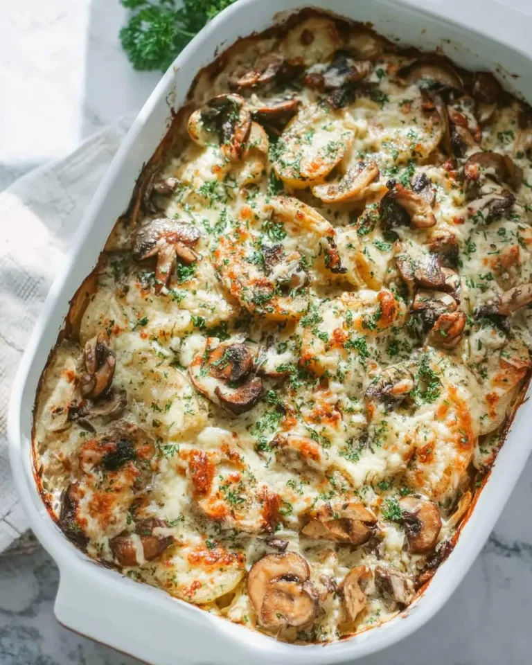Baked Potato Chicken Mushroom Casserole in a white dish topped with melted cheese and fresh herbs.
