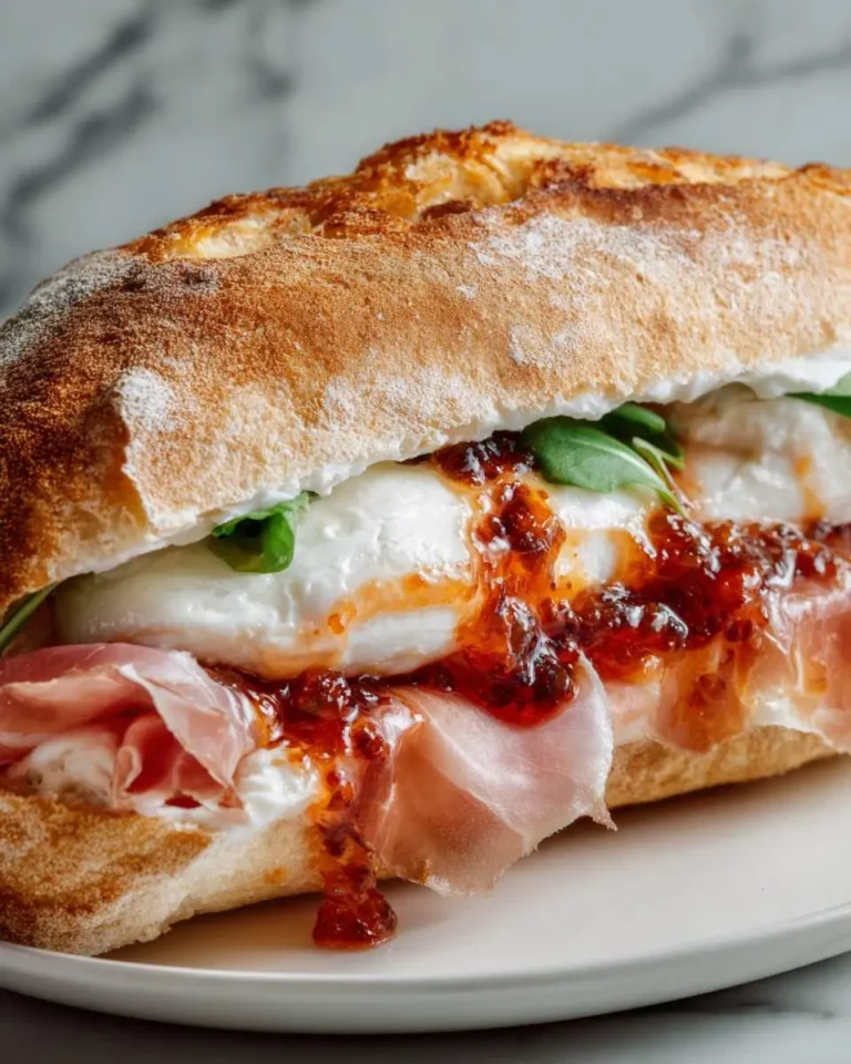 A crusty ciabatta Prosciutto and Cheese Sandwich with Chili Fig Jam, fresh mozzarella, and arugula on a white plate.