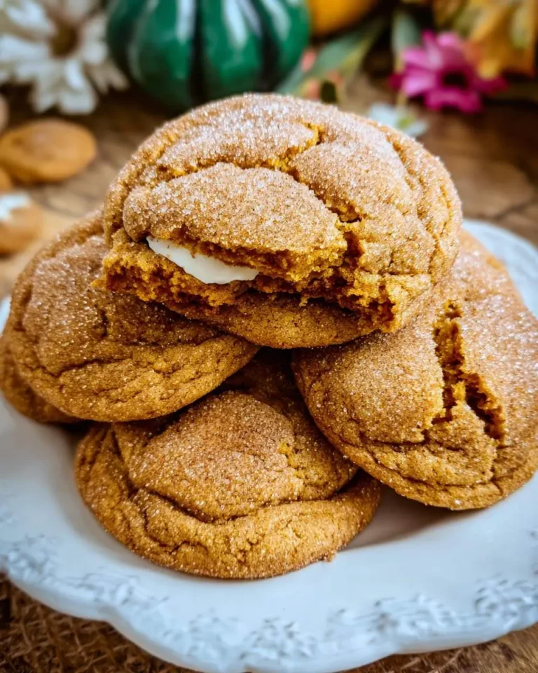 Stack of Pumpkin Cheesecake Stuffed Cookies on a white plate, with one cookie broken to reveal creamy cheesecake filling.