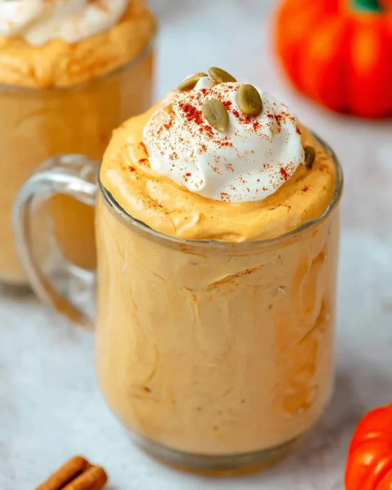 Creamy pumpkin mousse topped with whipped cream, pepitas, and cinnamon in a glass mug.
