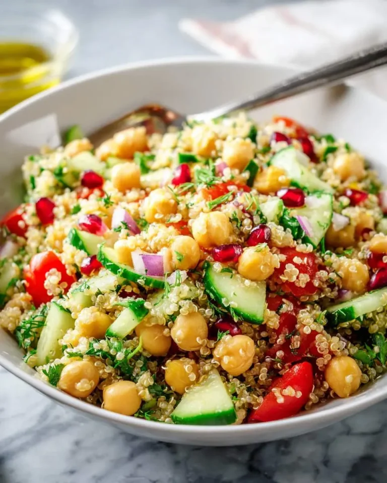 A vibrant quinoa salad with chickpeas served in a white bowl, featuring fresh cucumber, tomatoes, pomegranate seeds, and herbs.