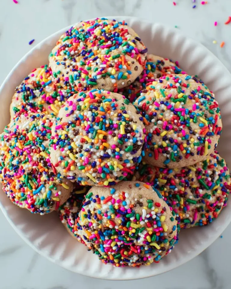 A white bowl filled with soft, round rainbow sprinkle cookies covered in colorful sprinkles.