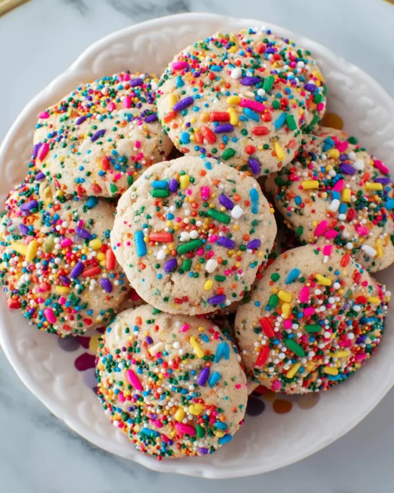 A white bowl filled with homemade rainbow sprinkle cookies covered in colorful jimmies and nonpareils.