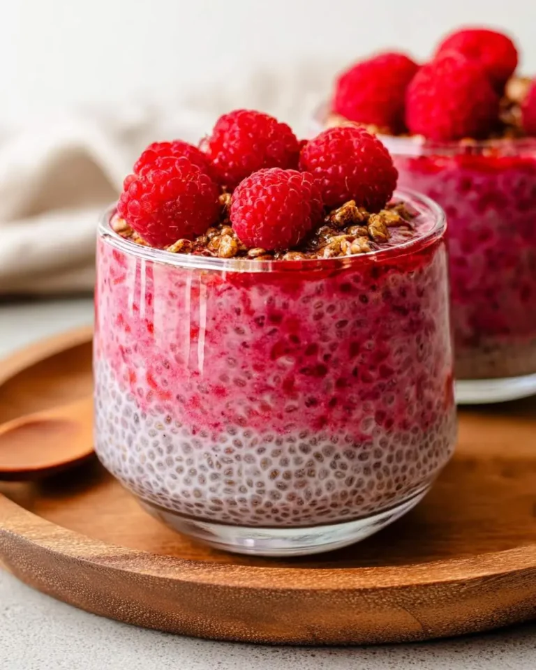 Glass jar of Raspberry Chia Seed Pudding topped with fresh raspberries and granola on a wooden tray.