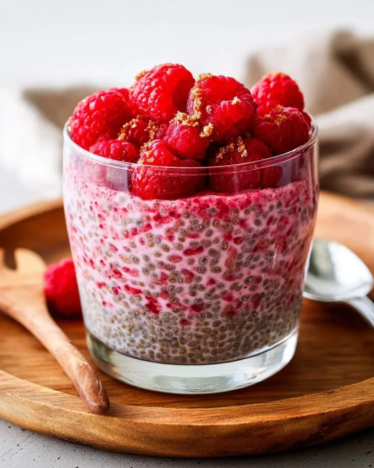 Glass of raspberry chia seed pudding topped with fresh raspberries and brown sugar on a wooden tray.
