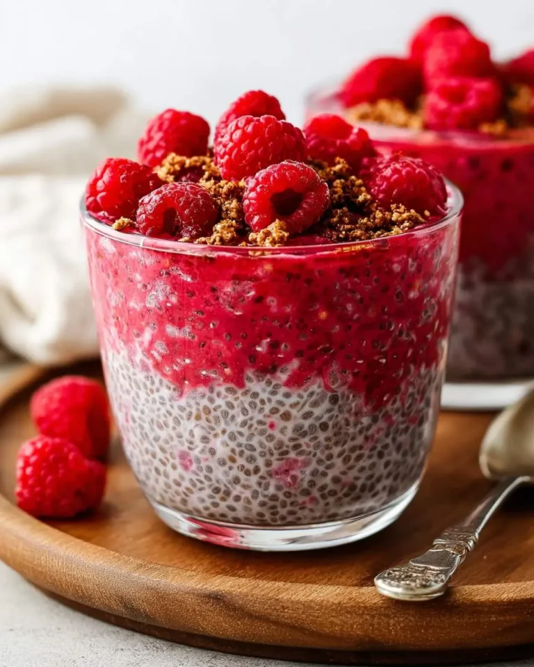 Layered Raspberry Chia Seed Pudding in a glass topped with fresh raspberries and granola.