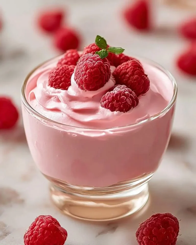 A glass cup filled with pink Raspberry Mousse Recipe topped with fresh raspberries and a mint leaf on a marble surface.