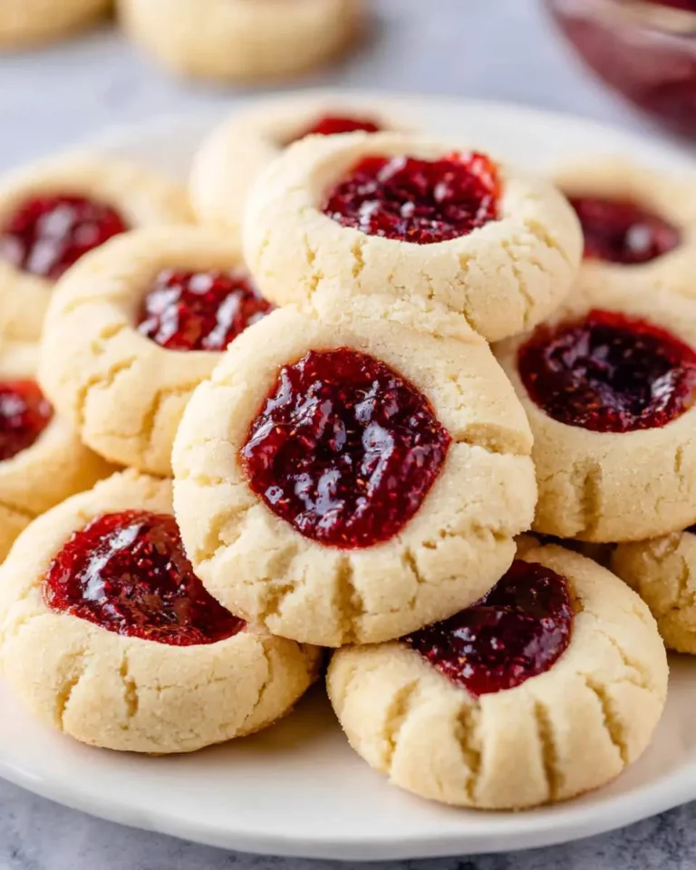 A stack of buttery Raspberry Thumbprint Cookies filled with glossy red jam on a white plate.