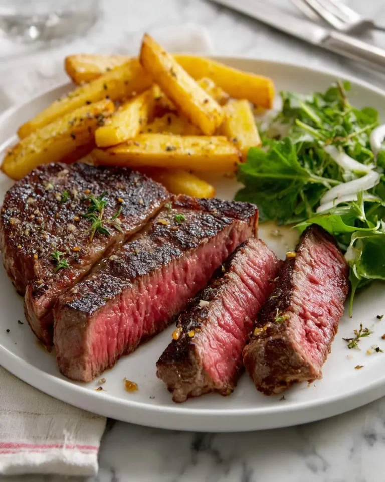 Perfectly cooked reverse sear steak sliced to reveal a pink medium-rare center, served with golden fries and fresh arugula salad.