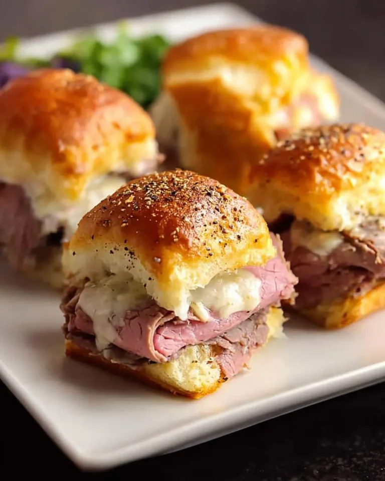 Golden brown Roast Beef Slider Sandwiches with melted cheese on a white plate.