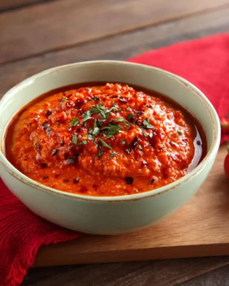 A bowl of roasted red pepper feta dip garnished with herbs and chili flakes on a wooden board with a red napkin.