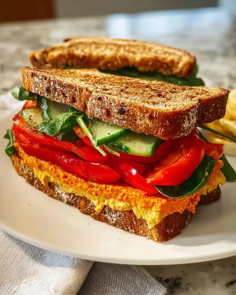 A stacked roasted red pepper hummus sandwich with toasted multigrain bread, fresh vegetables, and greens on a white plate.