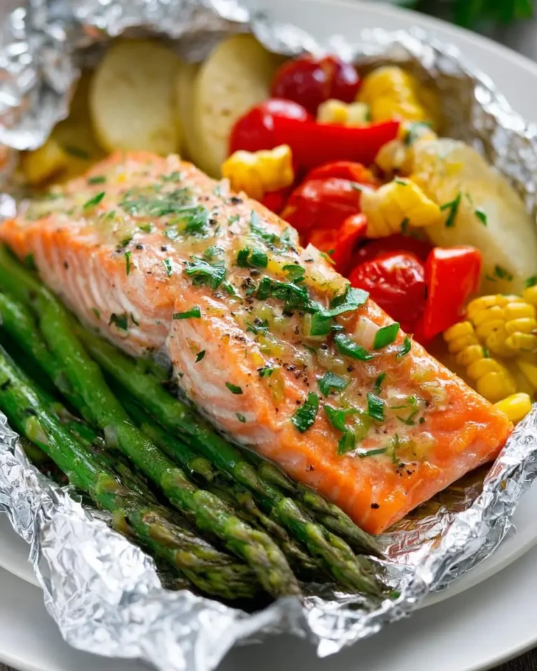 Salmon in Foil with Vegetables featuring asparagus, potatoes, corn, and tomatoes on a white plate.