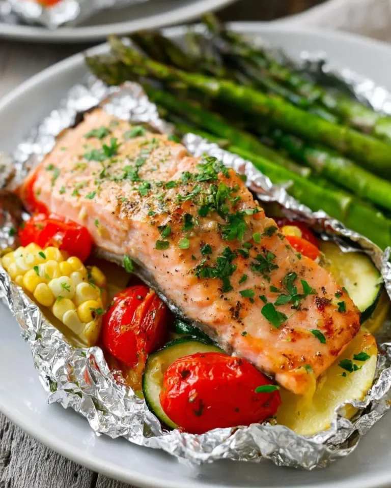 Baked salmon in foil with vegetables including zucchini, tomatoes, and corn, garnished with fresh herbs.