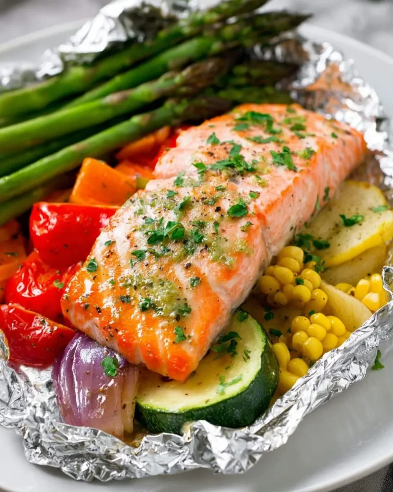 Salmon in Foil with Vegetables featuring seasoned salmon fillet, asparagus, bell peppers, zucchini, corn, and potatoes.