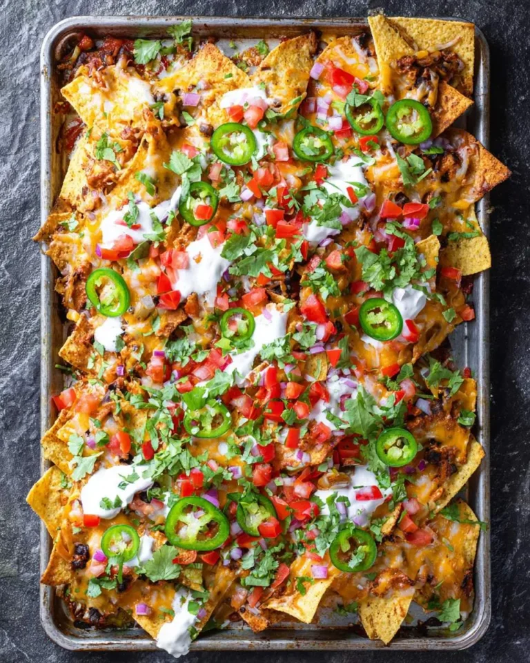 Loaded sheet pan nachos topped with melted cheese, jalapenos, tomatoes, cilantro, and sour cream on a baking tray.