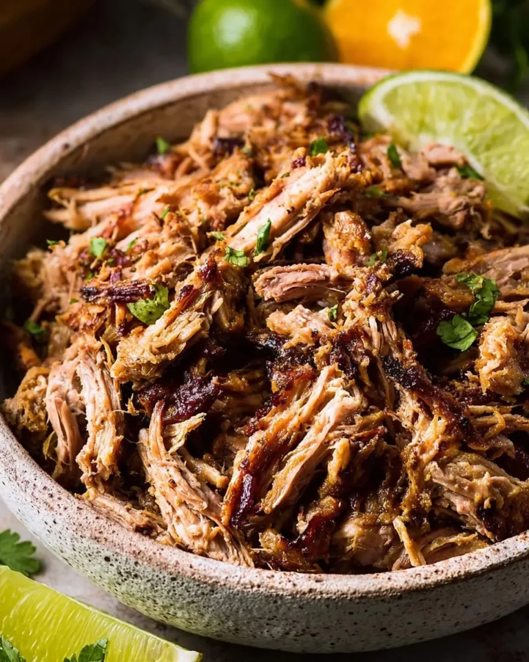 A rustic bowl filled with tender, crispy slow cooker carnitas garnished with fresh cilantro and lime wedges.